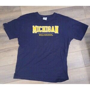 Champion Blue Michigan Wolverines Embroidered Block Logo T-Shirt Authentic XL